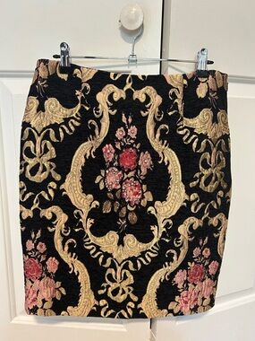 Black Floral Brocade Pencil Skirt with Gold Scroll Accents